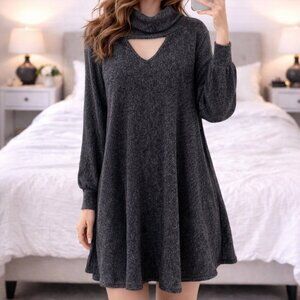 My Story Charcoal Keyhole Mock Neck Cowl Neck Long Sleeve Sweater Dress